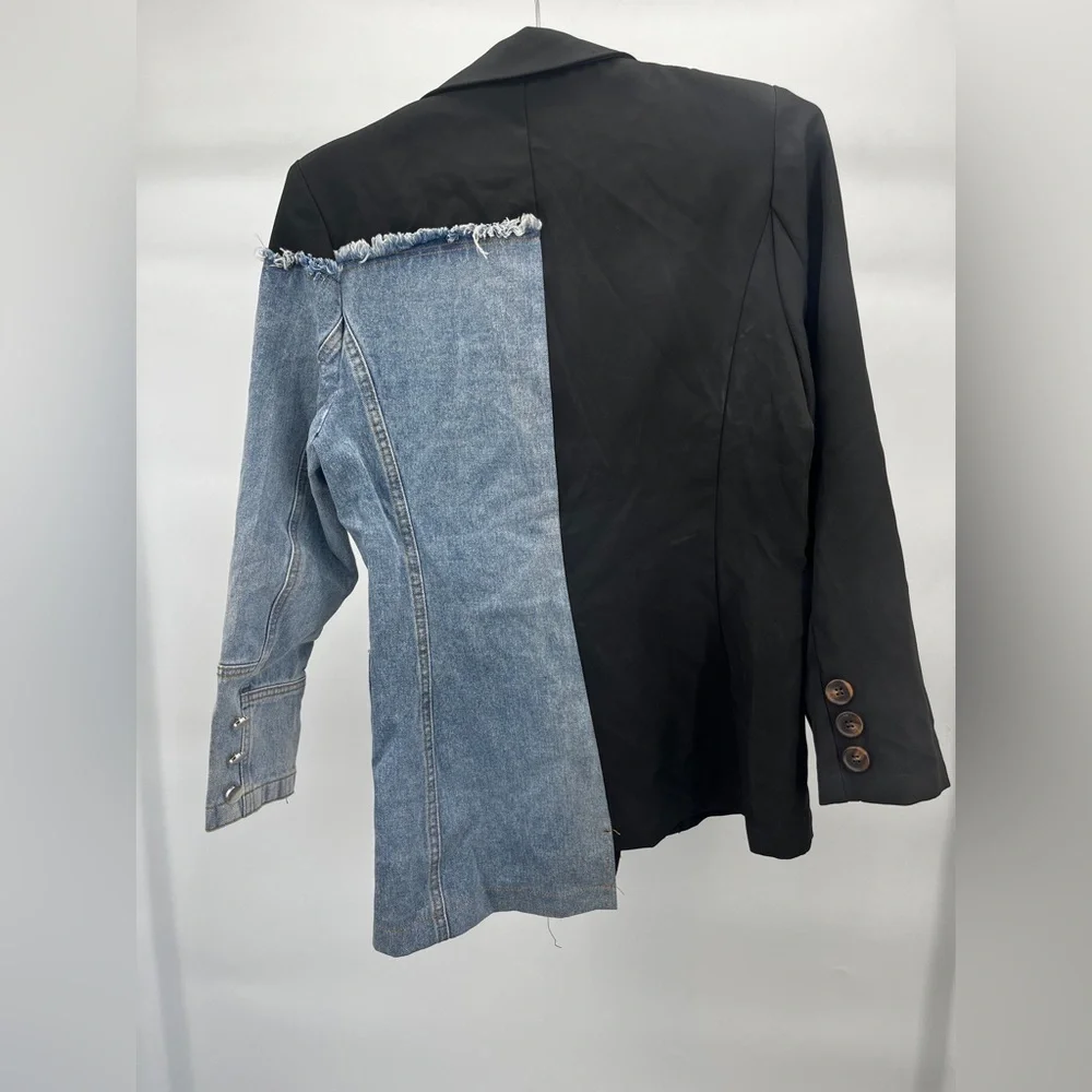 Women’s Jacket - Dressed in LALA Black and Denim Patchwork Blazer Size Medium - Picture 3 of 7
